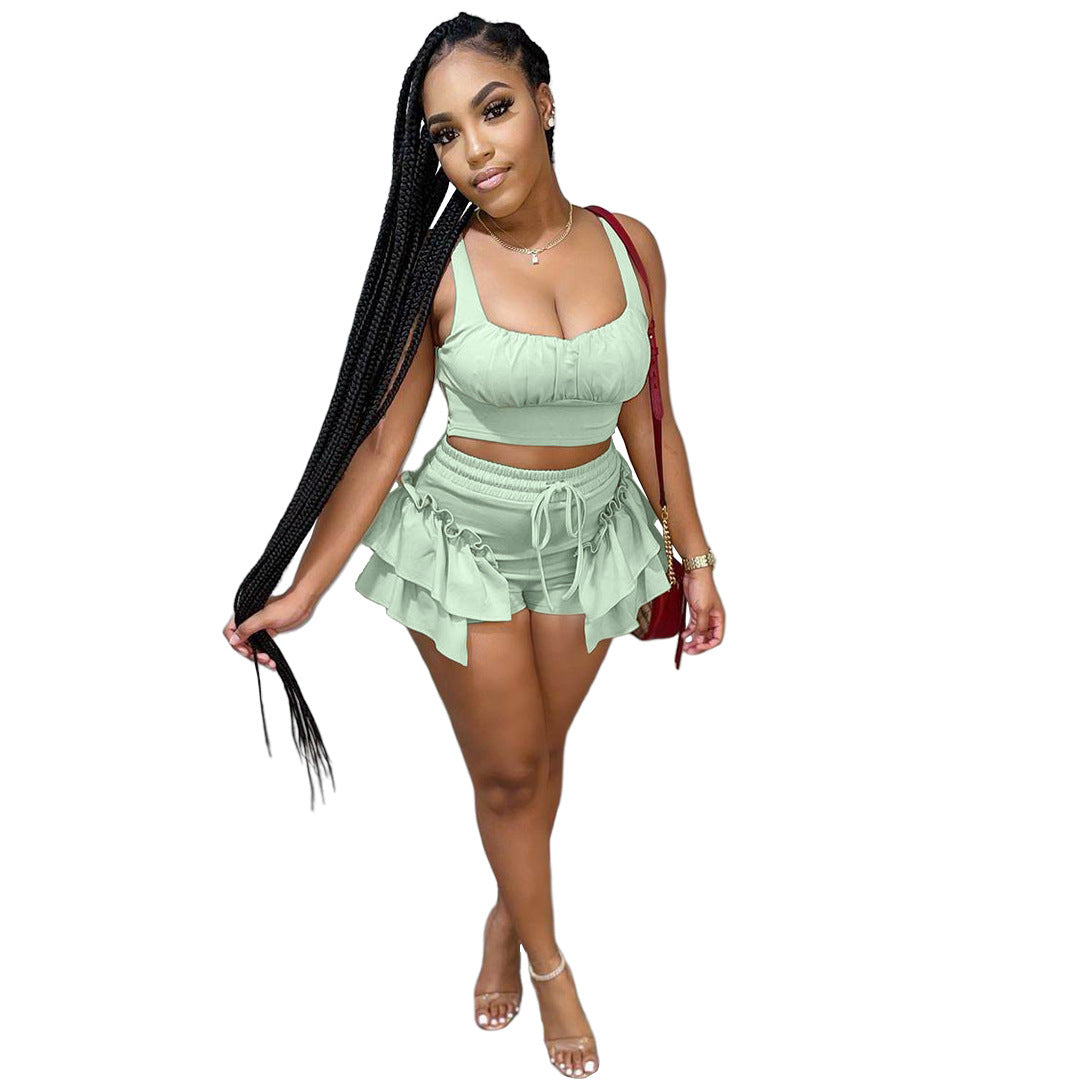 Pure Color Fungus Side Strap Vest Shorts