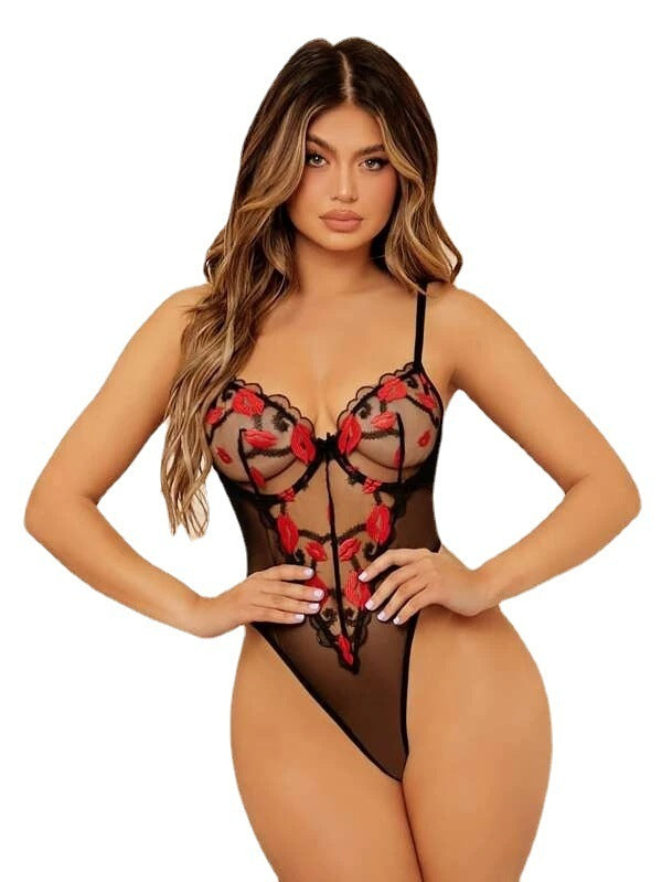 Transparent Black Mesh Lip Print Embroidery Jumpsuit Suit