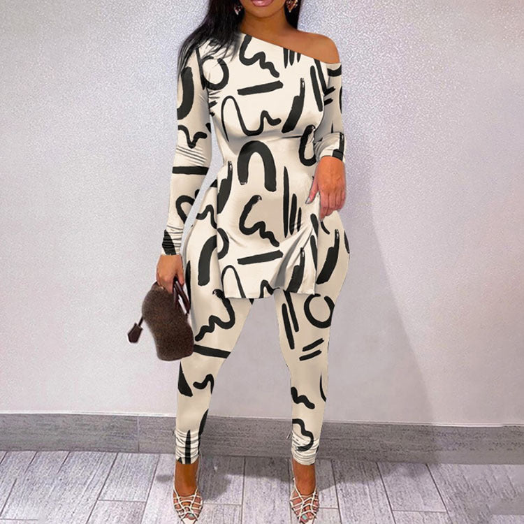 VIBEISH Autumn And Winter New Letter Floral Print Slit Hem Long Sleeve Top Suit Women