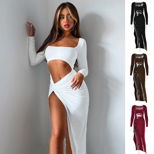 VIBEISH Womens Clothing Long Sleeve Dress Fashion Hollow U-neck Split Dress Party Wedding