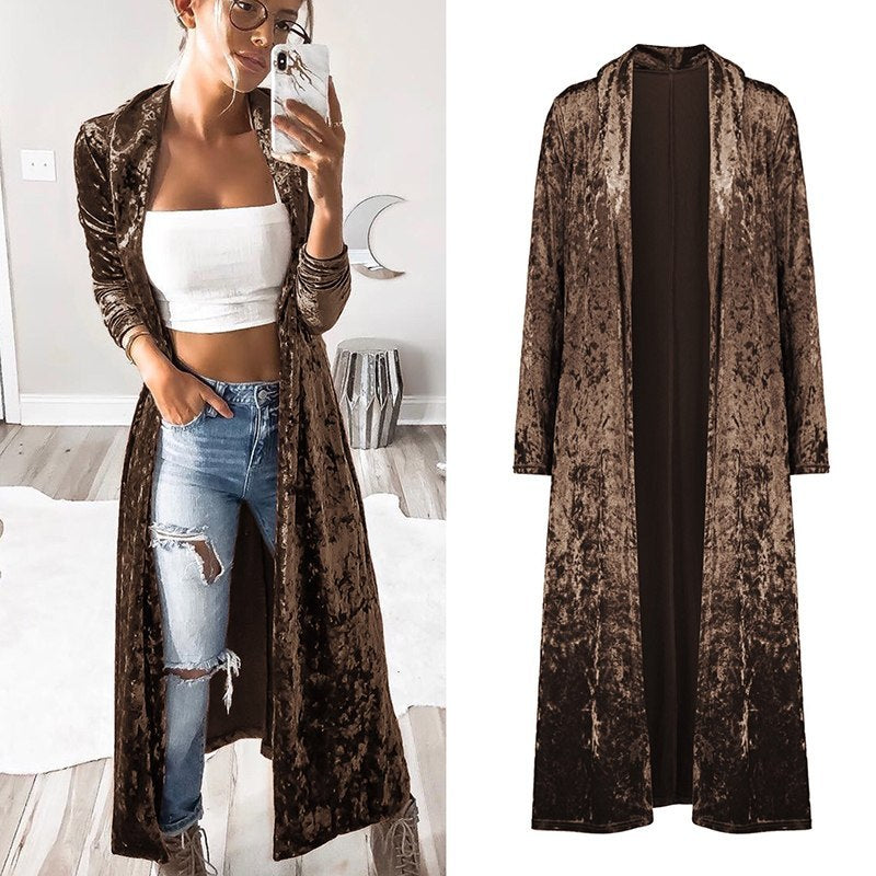 VIBEISH Women's fashion velvet jacket autumn long coat stitch outerwear coat casual tops cardigan women clothing plus size