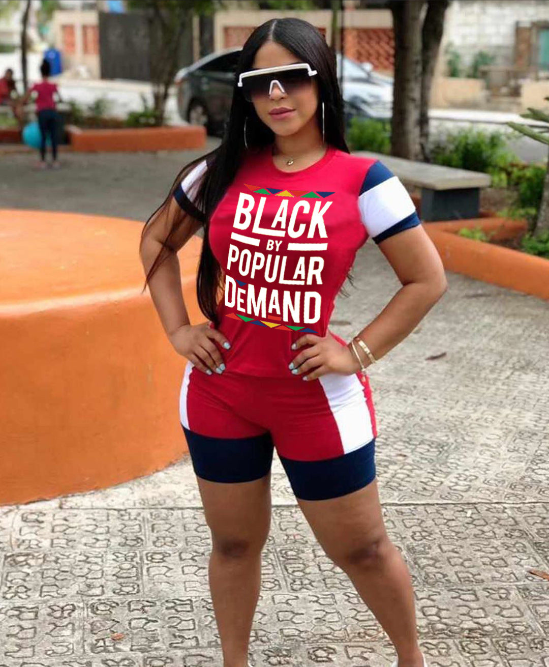Stitching fashion sports T-shirt shorts suit