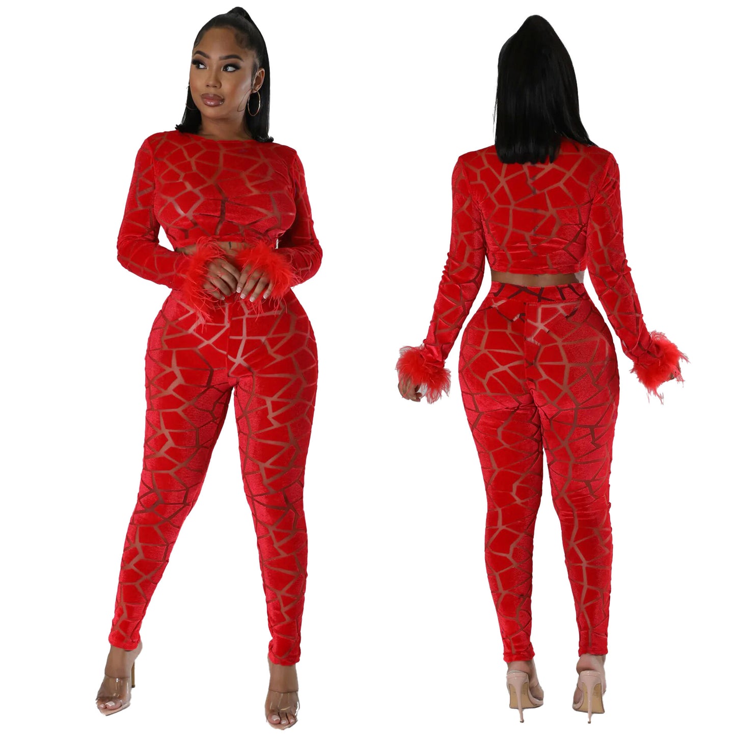 VIBEISH Women's Fur Sleeve Flocking Fashion Casual Set