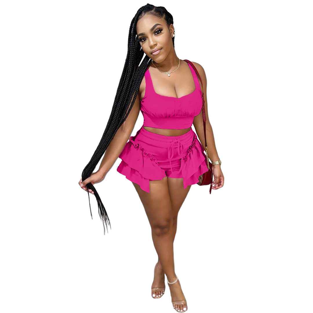 Pure Color Fungus Side Strap Vest Shorts