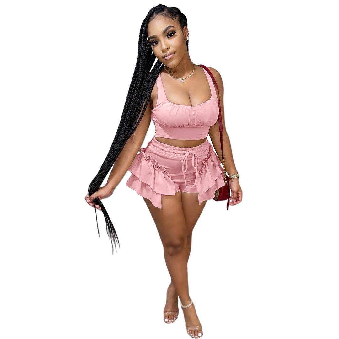 Pure Color Fungus Side Strap Vest Shorts