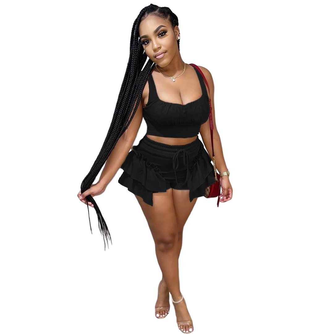 Pure Color Fungus Side Strap Vest Shorts