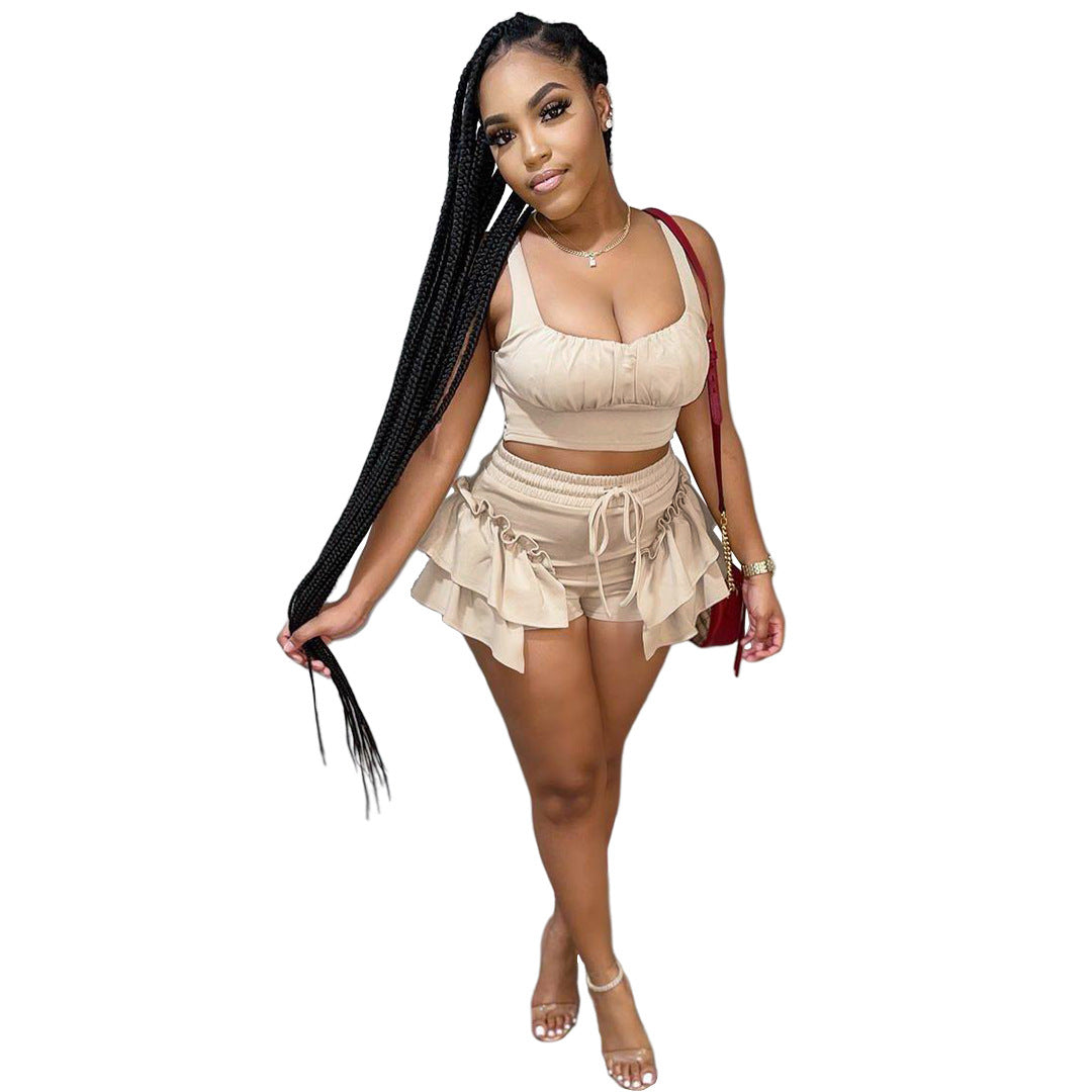 Pure Color Fungus Side Strap Vest Shorts