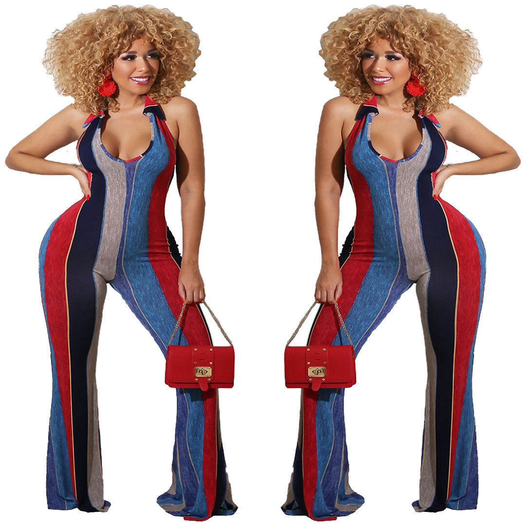 VIbeish Stand-Alone Slim-Fit Printed Jumpsuit Flared Pants