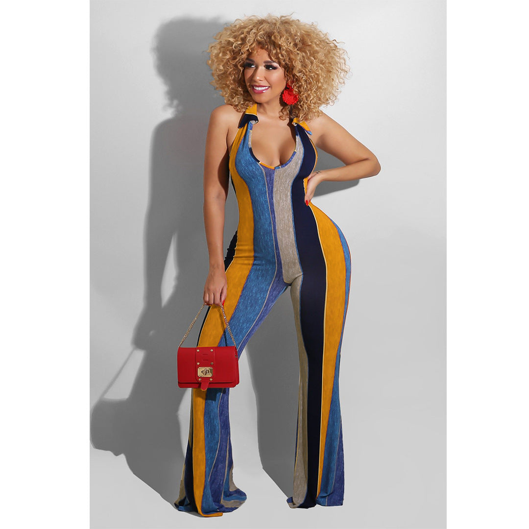 VIbeish Stand-Alone Slim-Fit Printed Jumpsuit Flared Pants