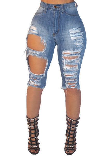 VIBEISH Xia Europe And The United States Ripped Elastic Denim Pants