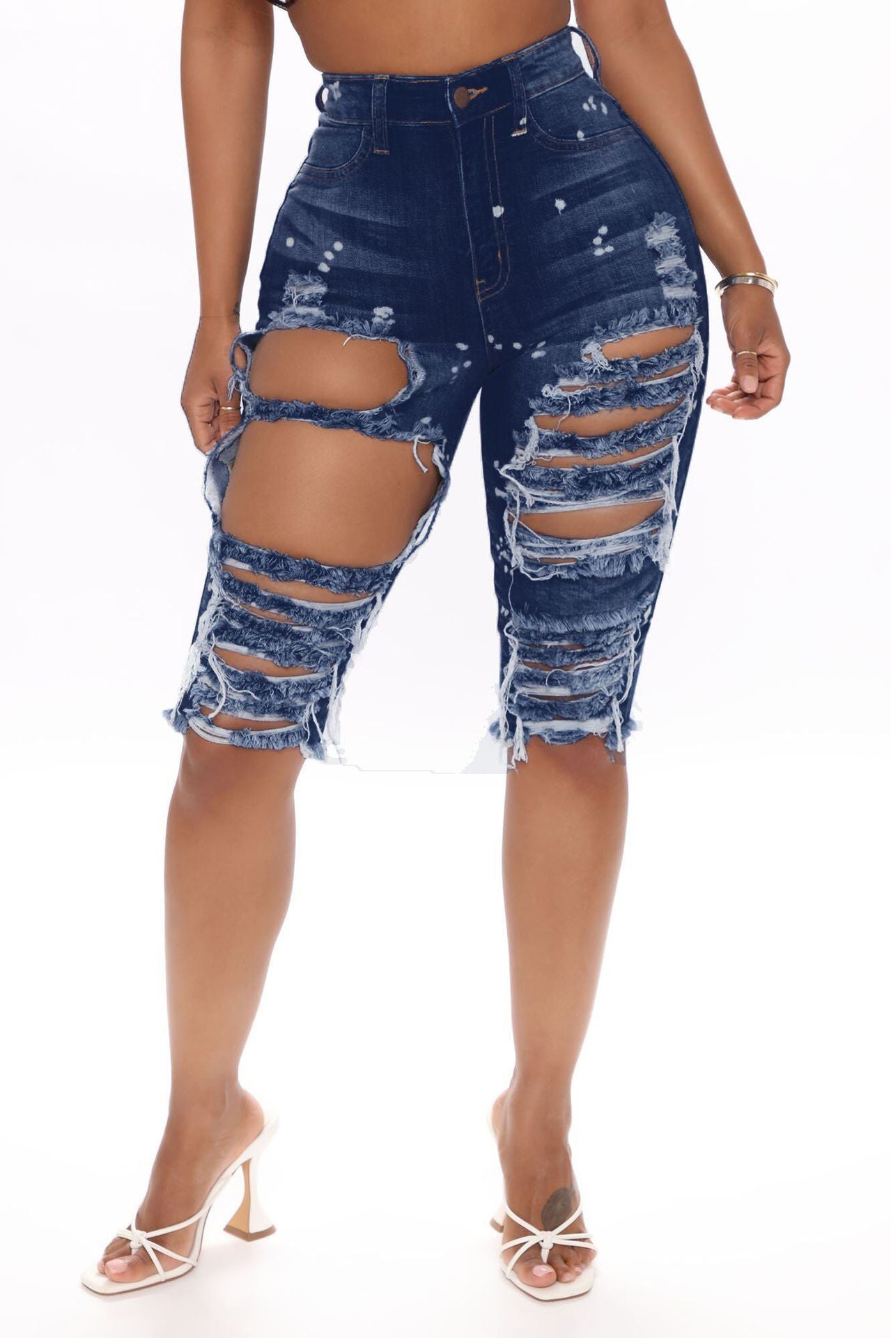VIBEISH Xia Europe And The United States Ripped Elastic Denim Pants