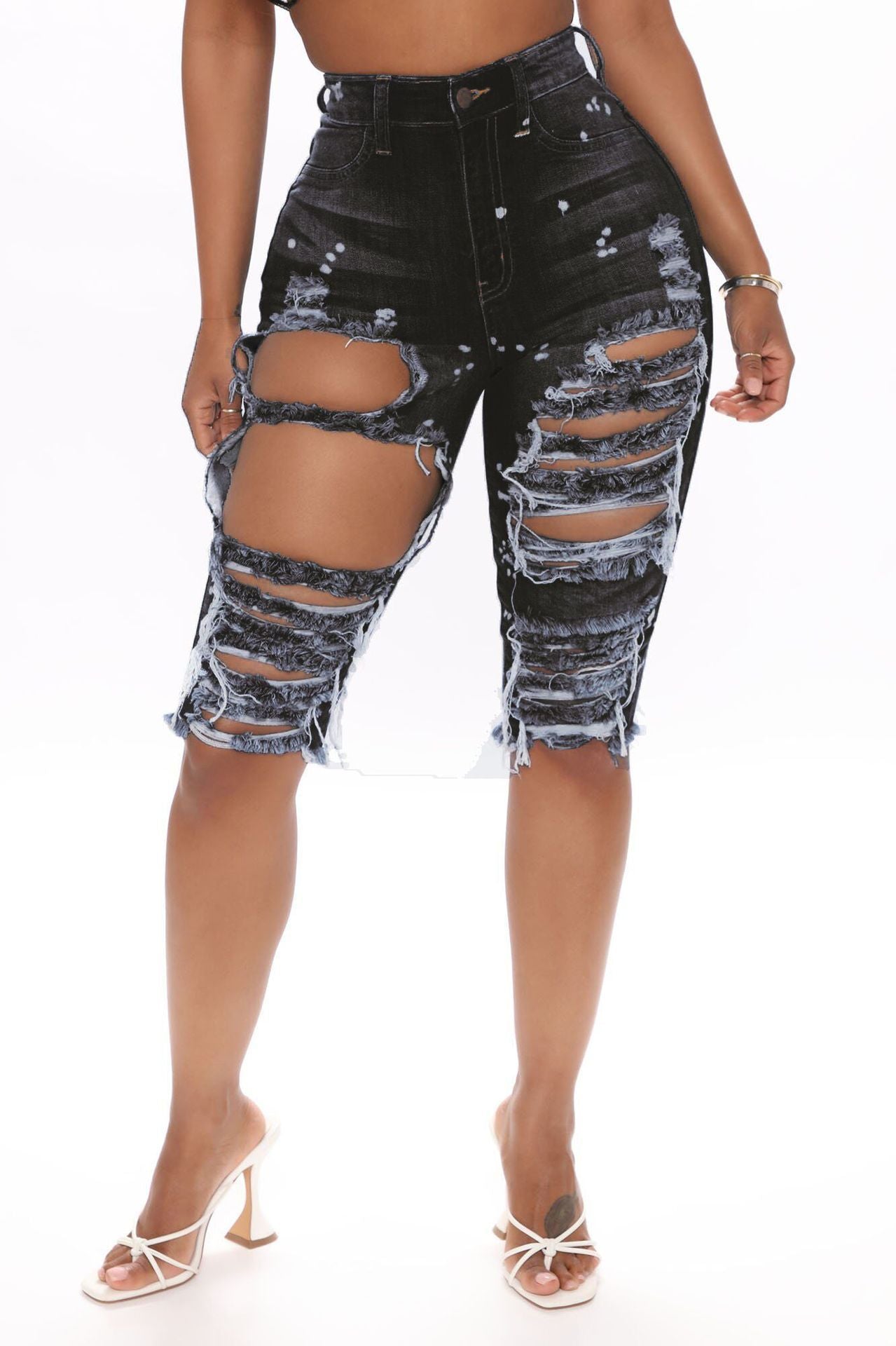VIBEISH Xia Europe And The United States Ripped Elastic Denim Pants