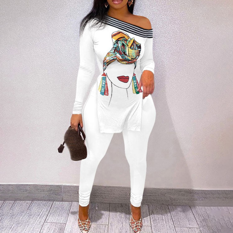VIBEISH Autumn And Winter New Letter Floral Print Slit Hem Long Sleeve Top Suit Women