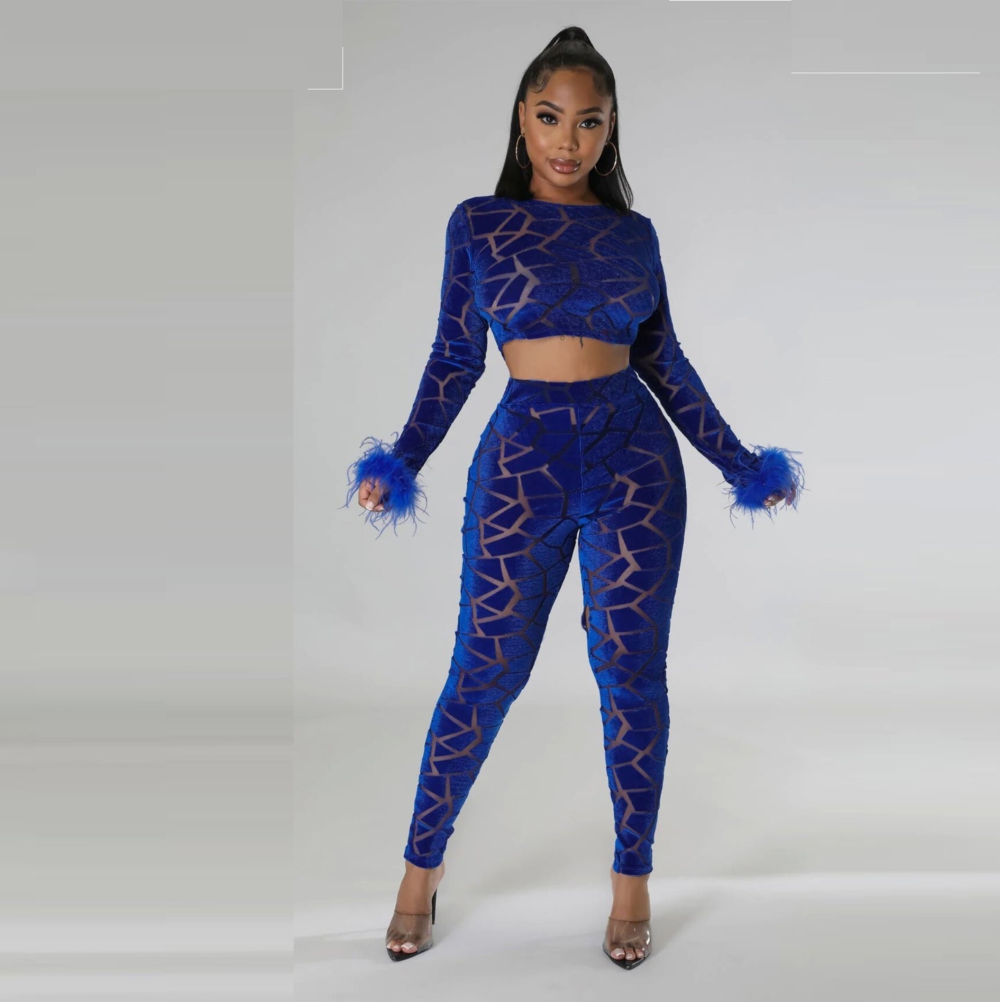 VIBEISH Women's Fur Sleeve Flocking Fashion Casual Set