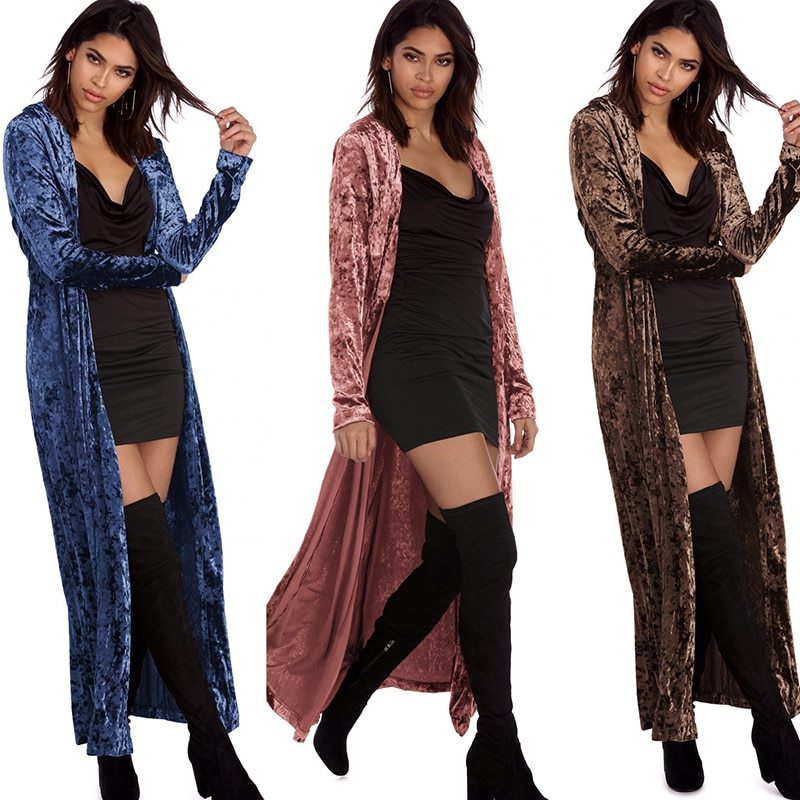 VIBEISH Women's fashion velvet jacket autumn long coat stitch outerwear coat casual tops cardigan women clothing plus size