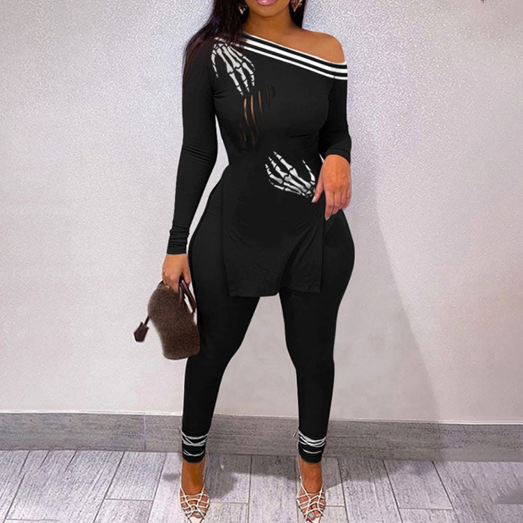 VIBEISH Autumn And Winter New Letter Floral Print Slit Hem Long Sleeve Top Suit Women