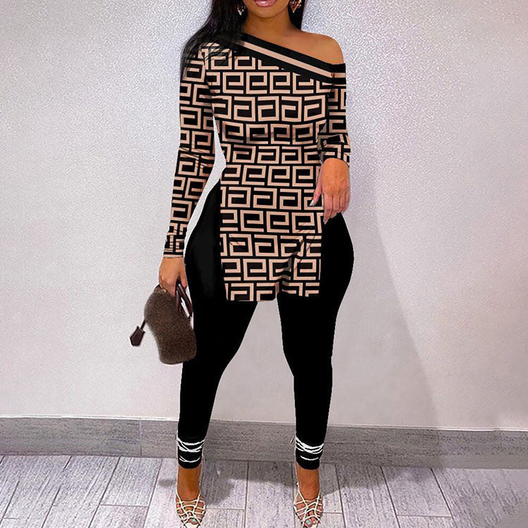 VIBEISH Autumn And Winter New Letter Floral Print Slit Hem Long Sleeve Top Suit Women