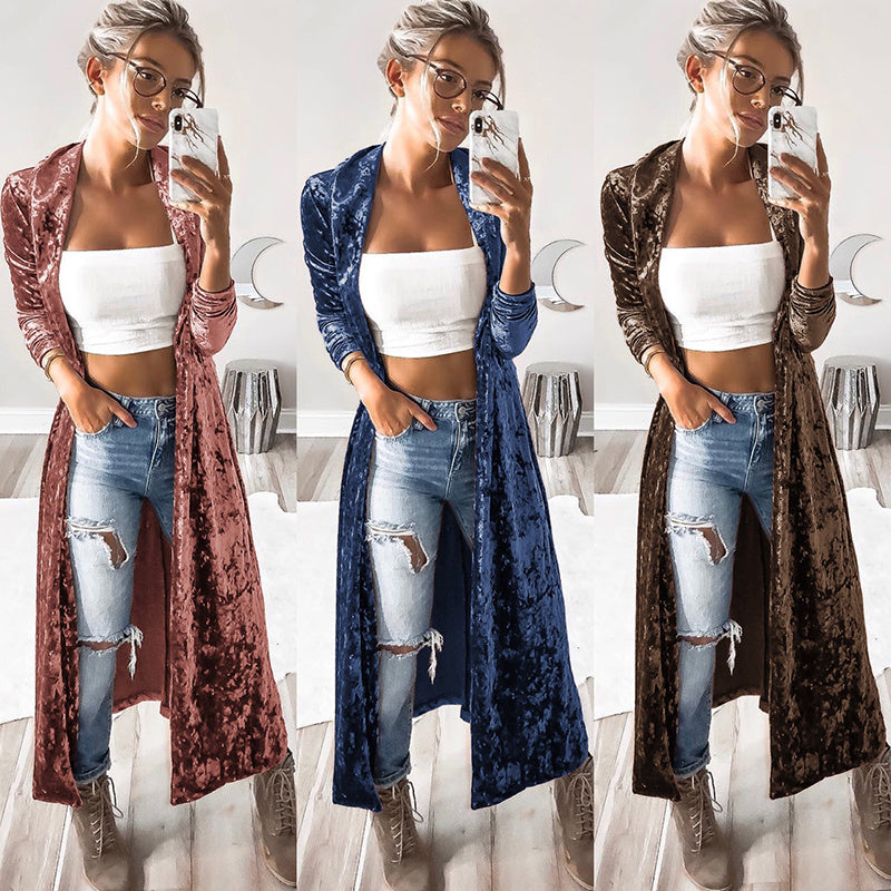 VIBEISH Women's fashion velvet jacket autumn long coat stitch outerwear coat casual tops cardigan women clothing plus size