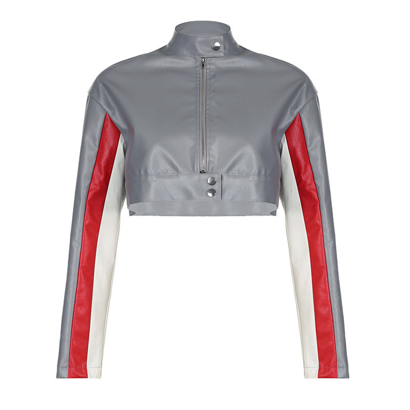 VIBEISH American Street Style Motorcycle Contrast Color Stand-up Collar Jacket