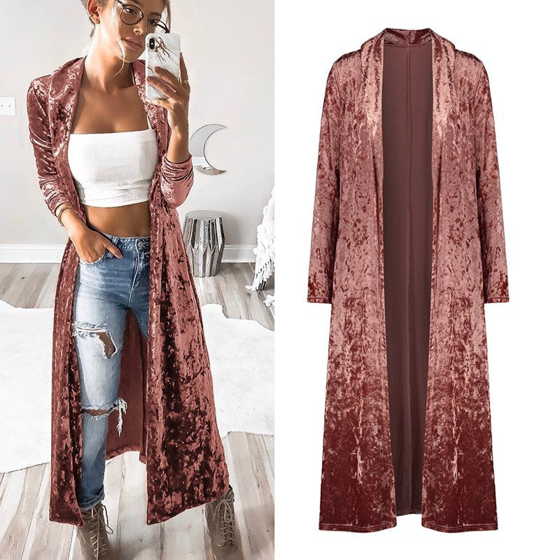 VIBEISH Women's fashion velvet jacket autumn long coat stitch outerwear coat casual tops cardigan women clothing plus size
