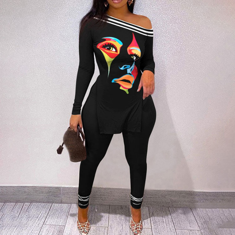 VIBEISH Autumn And Winter New Letter Floral Print Slit Hem Long Sleeve Top Suit Women