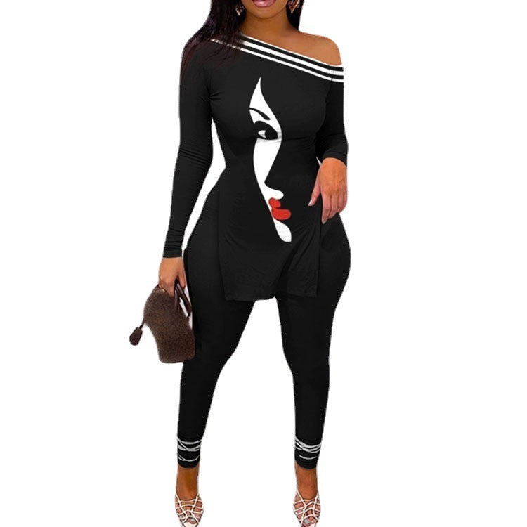 VIBEISH Autumn And Winter New Letter Floral Print Slit Hem Long Sleeve Top Suit Women
