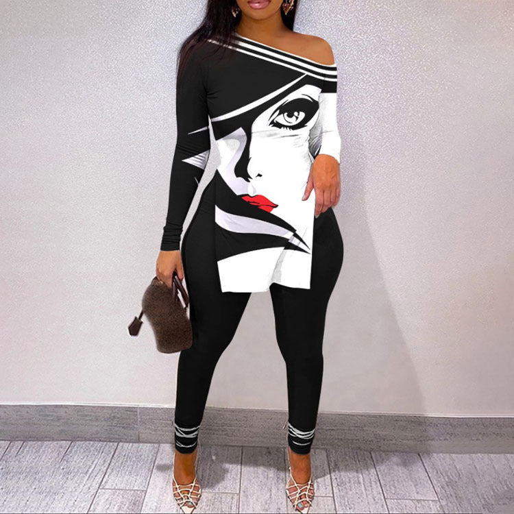 VIBEISH Autumn And Winter New Letter Floral Print Slit Hem Long Sleeve Top Suit Women