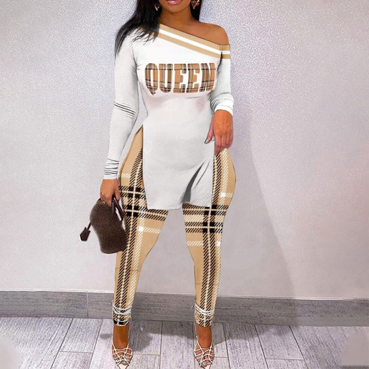 VIBEISH Autumn And Winter New Letter Floral Print Slit Hem Long Sleeve Top Suit Women