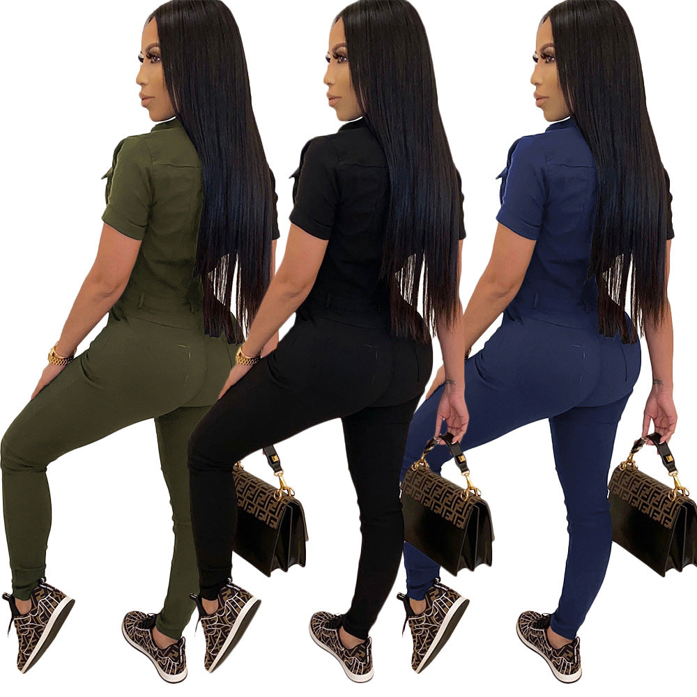 Women's Fashion Casual Solid Color Polo Collar Short-sleeved Single-breasted Jumpsuit