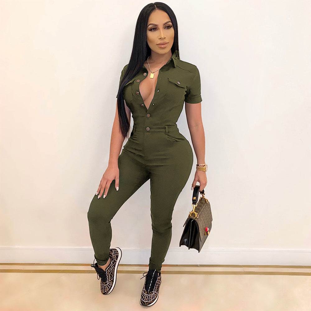 Women's Fashion Casual Solid Color Polo Collar Short-sleeved Single-breasted Jumpsuit