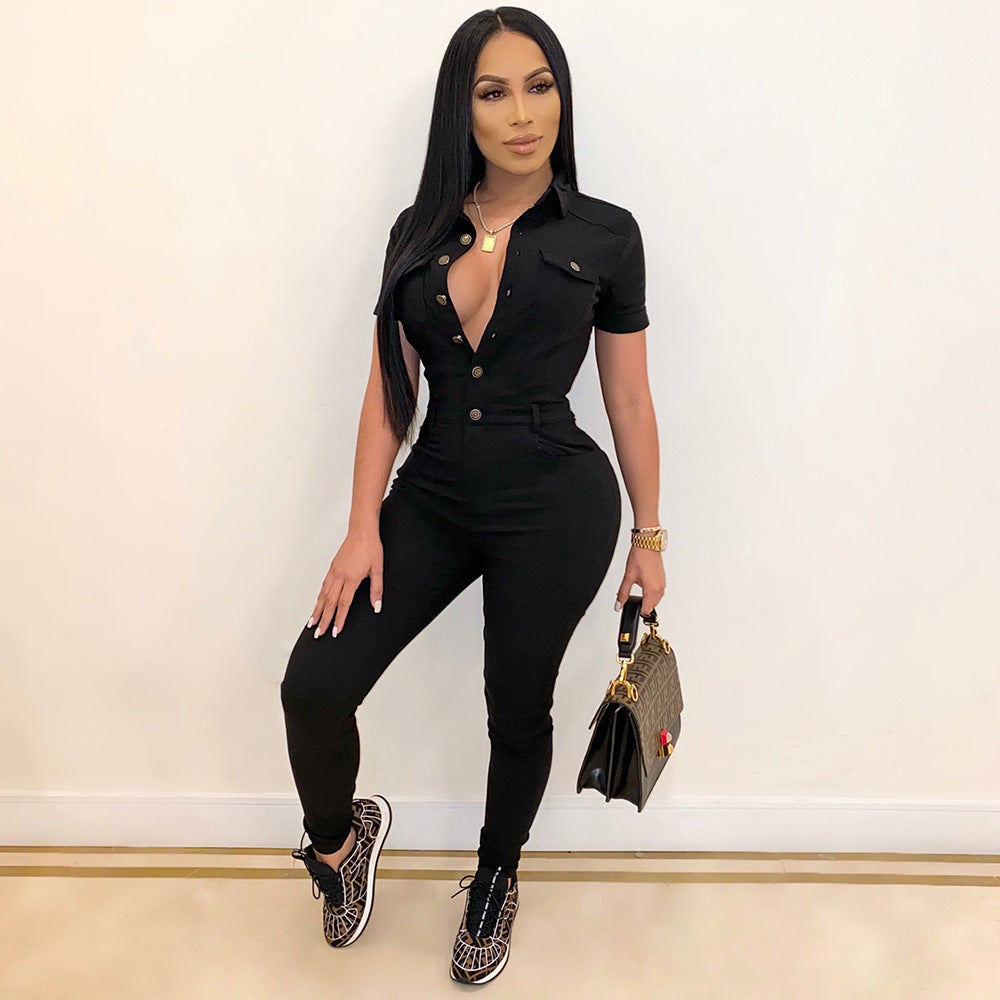 Women's Fashion Casual Solid Color Polo Collar Short-sleeved Single-breasted Jumpsuit