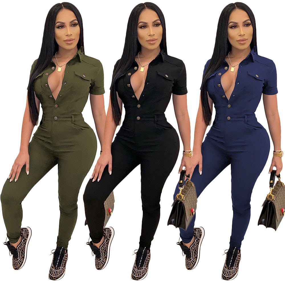 Women's Fashion Casual Solid Color Polo Collar Short-sleeved Single-breasted Jumpsuit