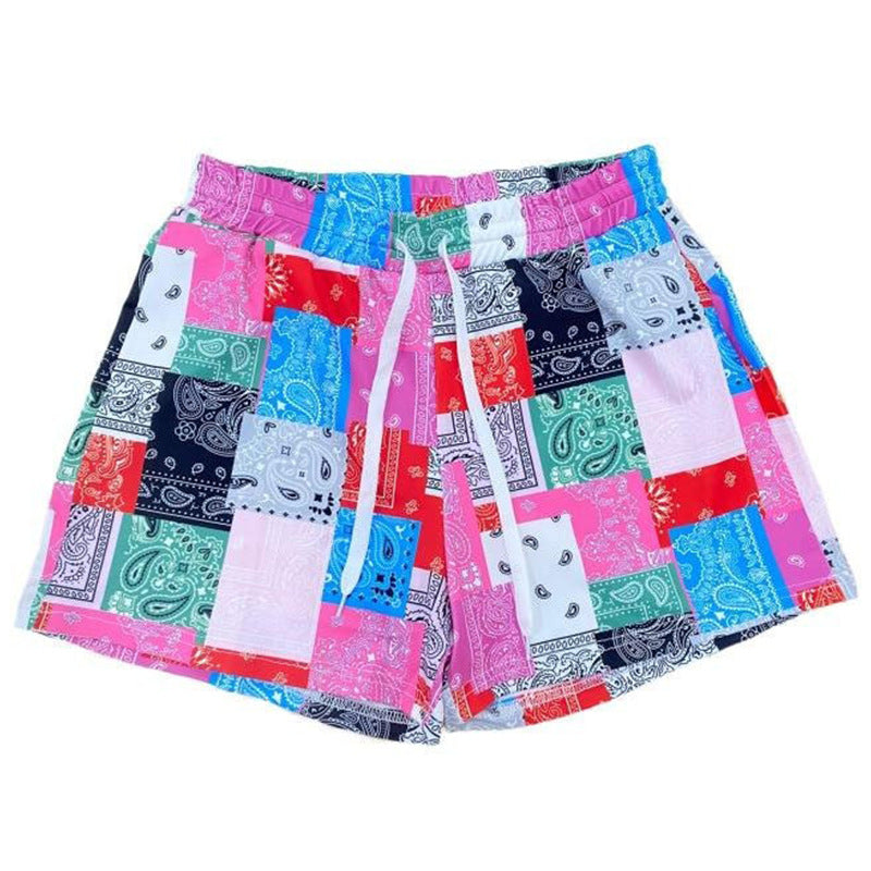 VIBEISH Women's Cashew Flower Color Stitching Printing Drawstring Shorts