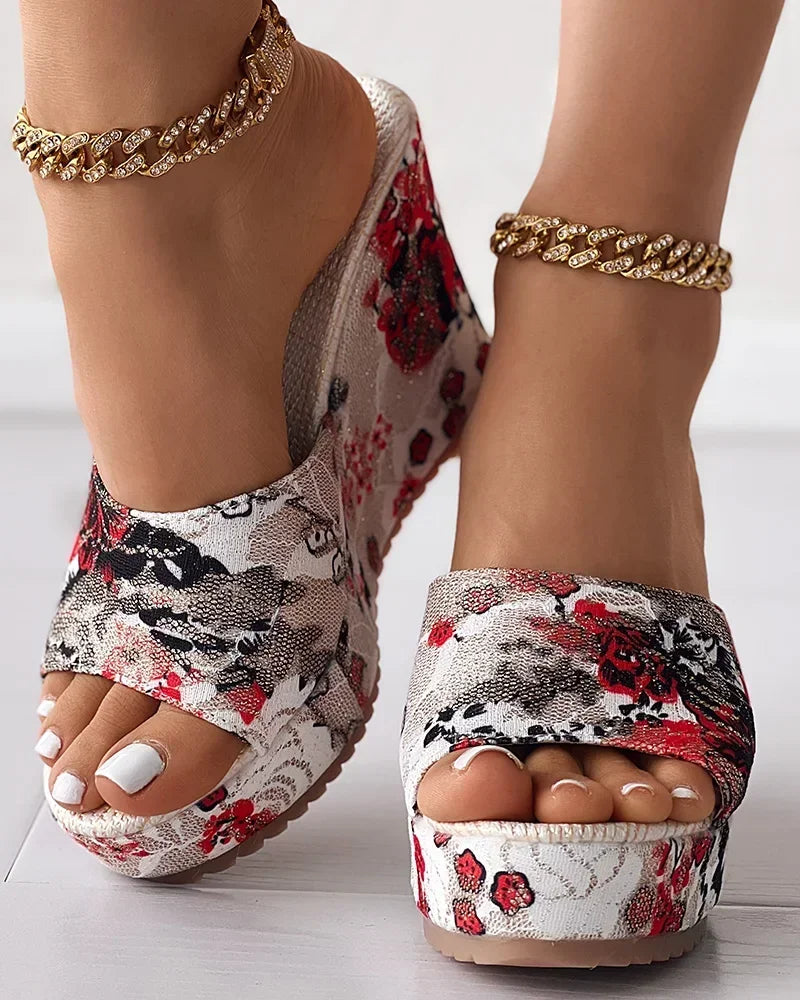 VIBEISH Women Shoes Fashion Shoes 
 Casual Flip Flops Summer Vintage Floral Print Peep Toe Wedge Slippers