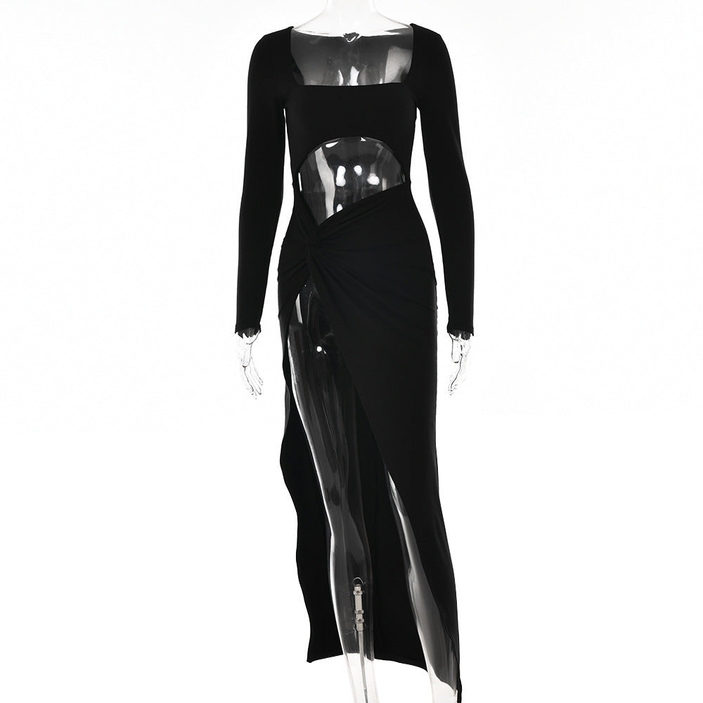 VIBEISH Womens Clothing Long Sleeve Dress Fashion Hollow U-neck Split Dress Party Wedding