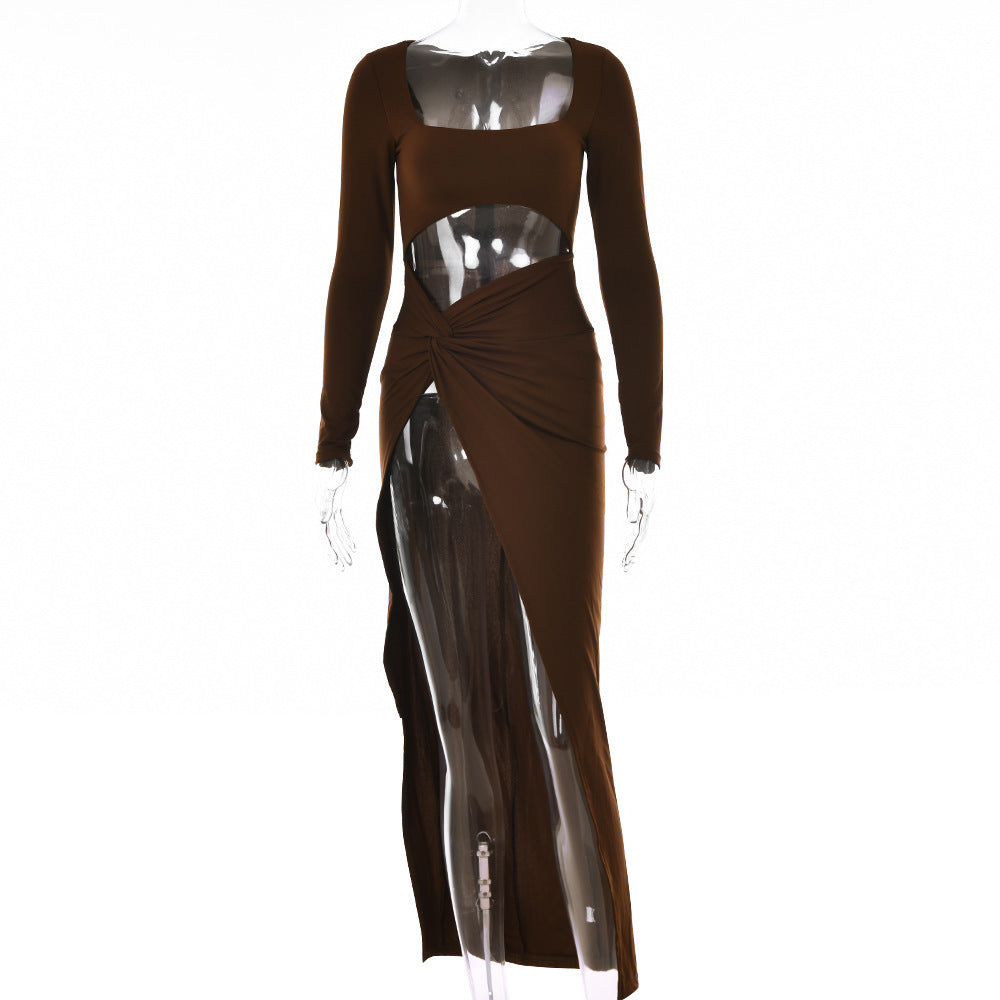 VIBEISH Womens Clothing Long Sleeve Dress Fashion Hollow U-neck Split Dress Party Wedding