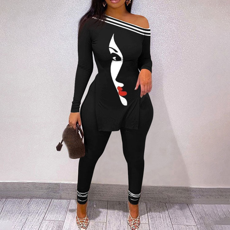 VIBEISH Autumn And Winter New Letter Floral Print Slit Hem Long Sleeve Top Suit Women