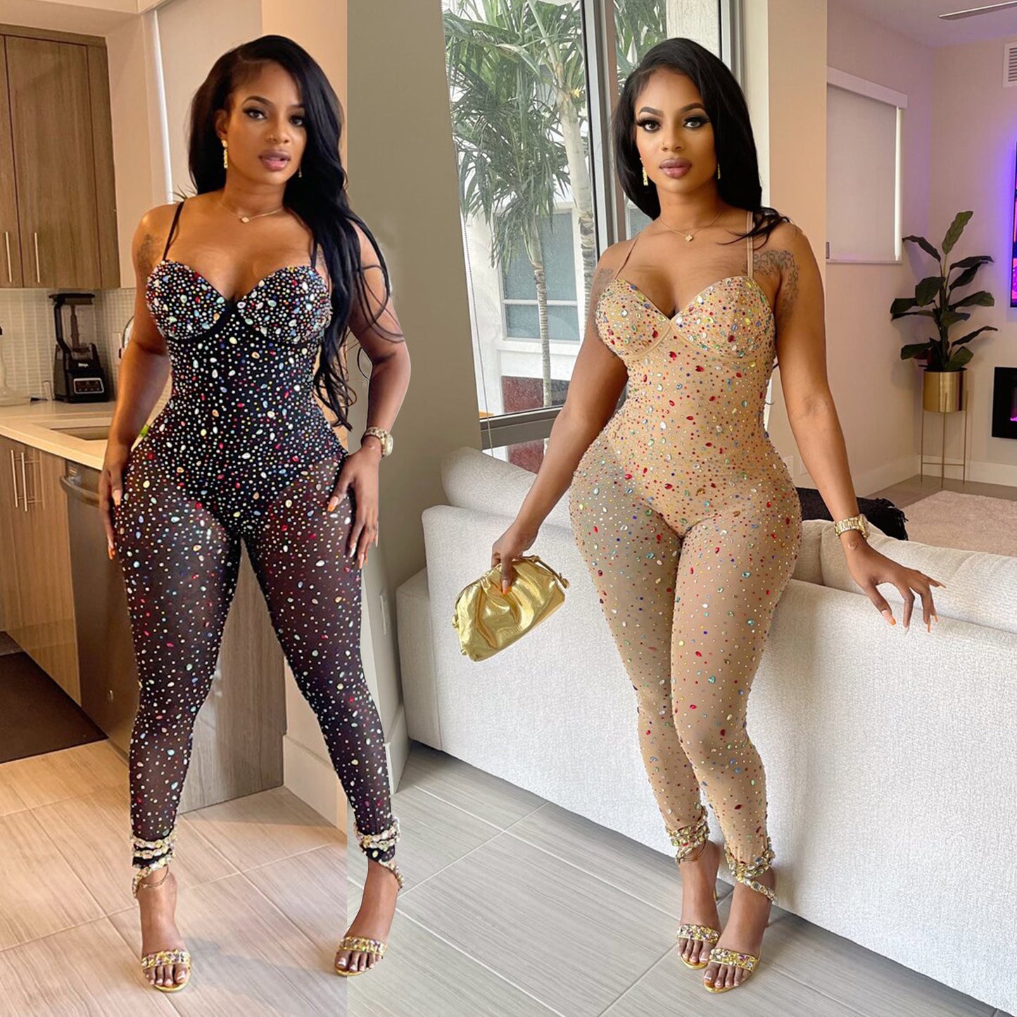 VIBEISH Women's Pure Color Mesh Rhinestone Pants Jumpsuit