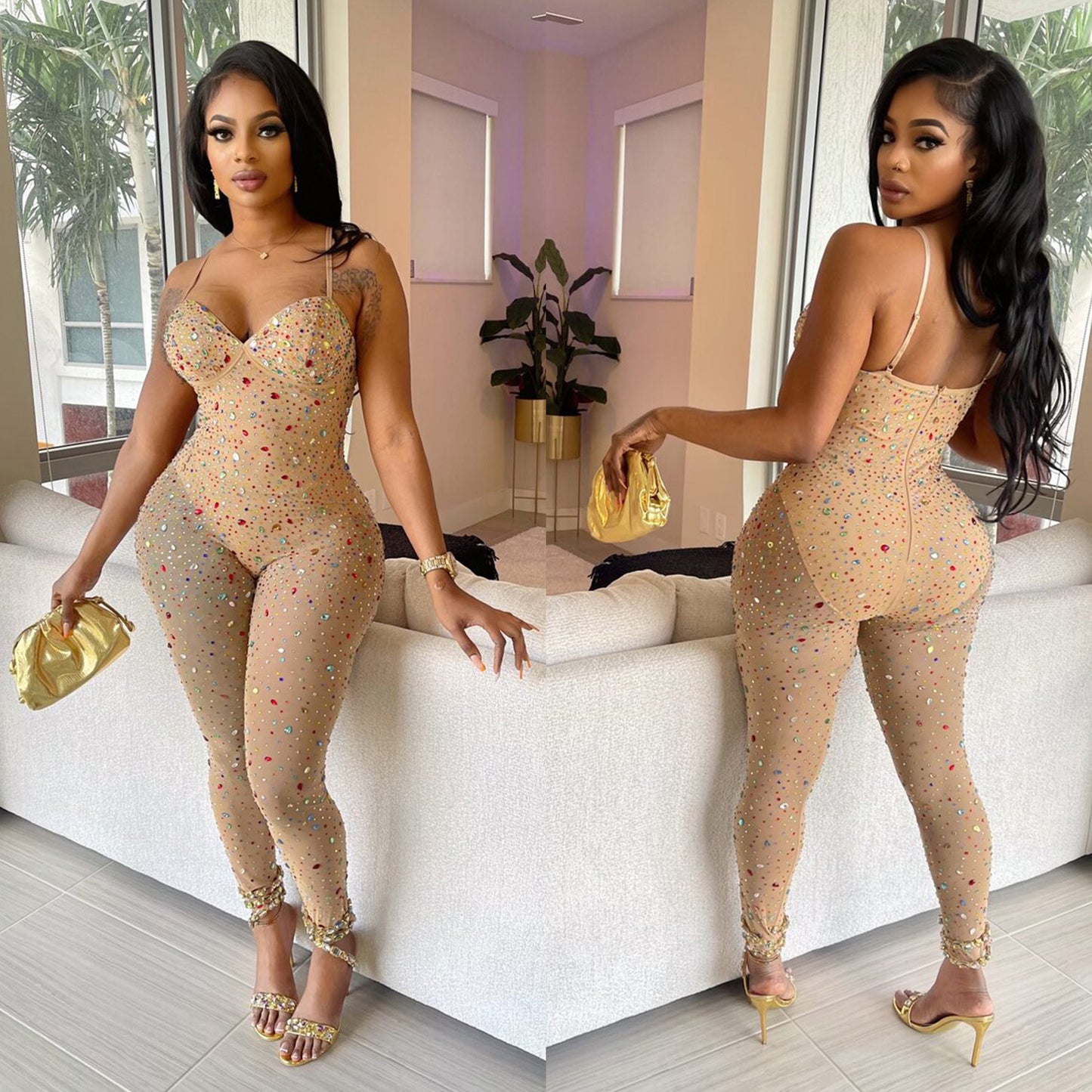 VIBEISH Women's Pure Color Mesh Rhinestone Pants Jumpsuit