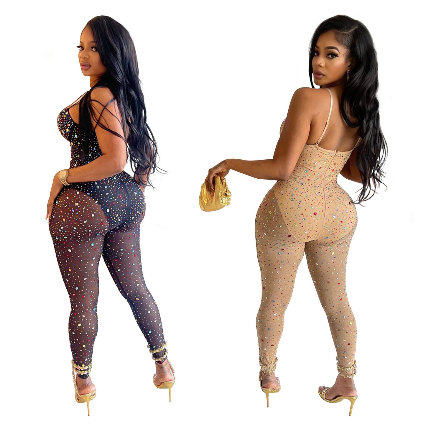 VIBEISH Women's Pure Color Mesh Rhinestone Pants Jumpsuit