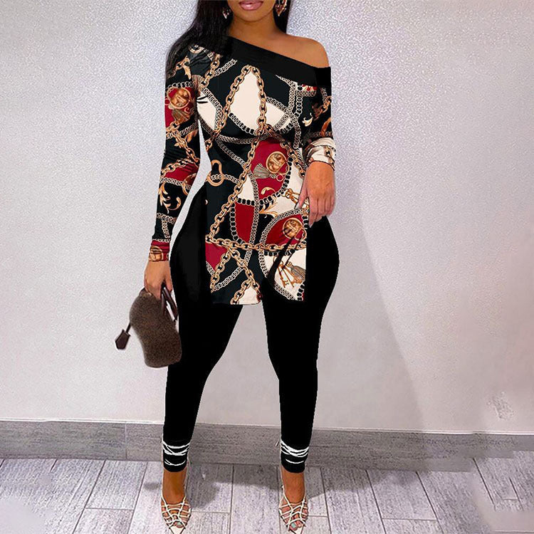 VIBEISH Autumn And Winter New Letter Floral Print Slit Hem Long Sleeve Top Suit Women