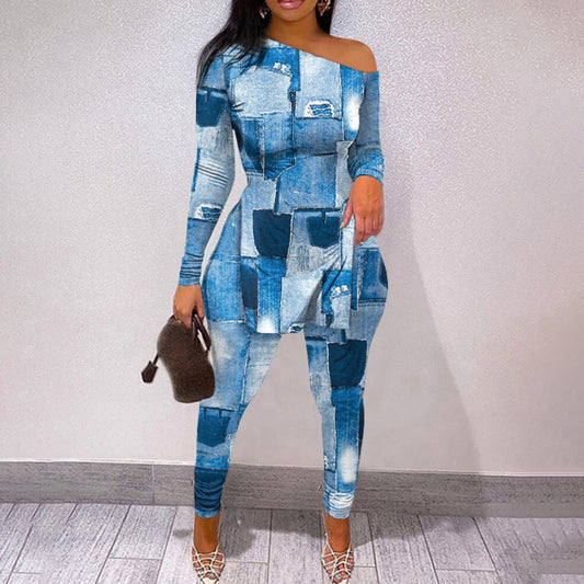 VIBEISH Autumn And Winter New Letter Floral Print Slit Hem Long Sleeve Top Suit Women