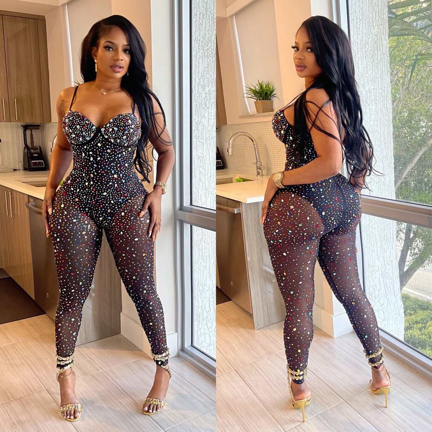 VIBEISH Women's Pure Color Mesh Rhinestone Pants Jumpsuit