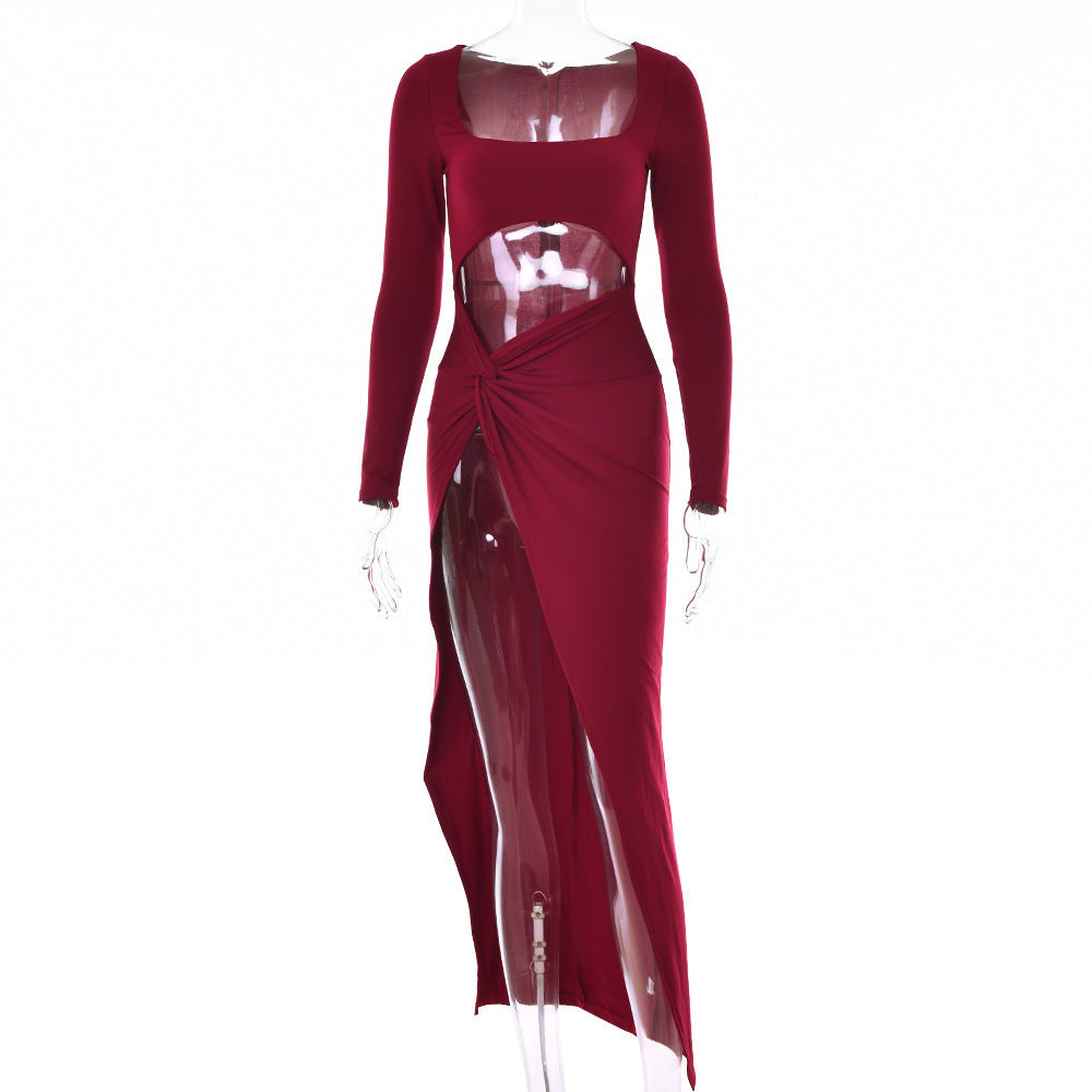 VIBEISH Womens Clothing Long Sleeve Dress Fashion Hollow U-neck Split Dress Party Wedding