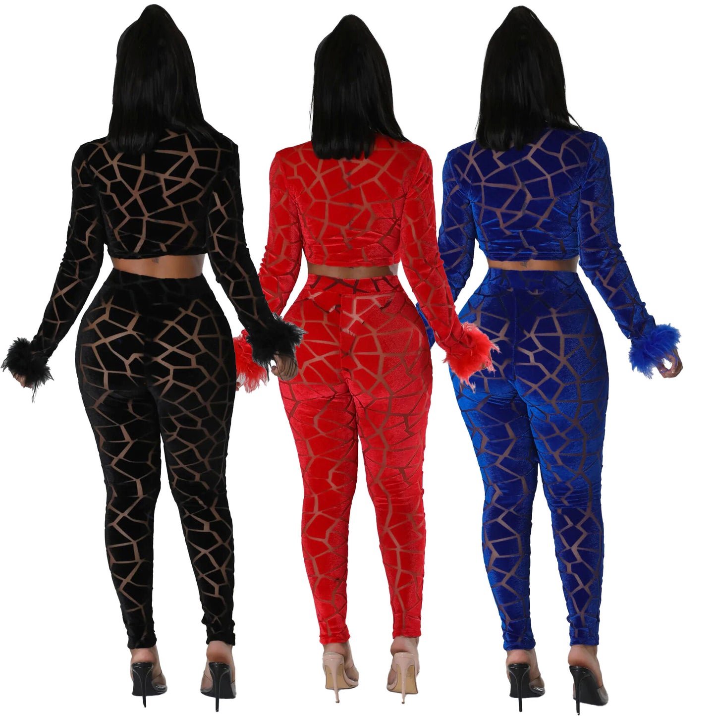 VIBEISH Women's Fur Sleeve Flocking Fashion Casual Set