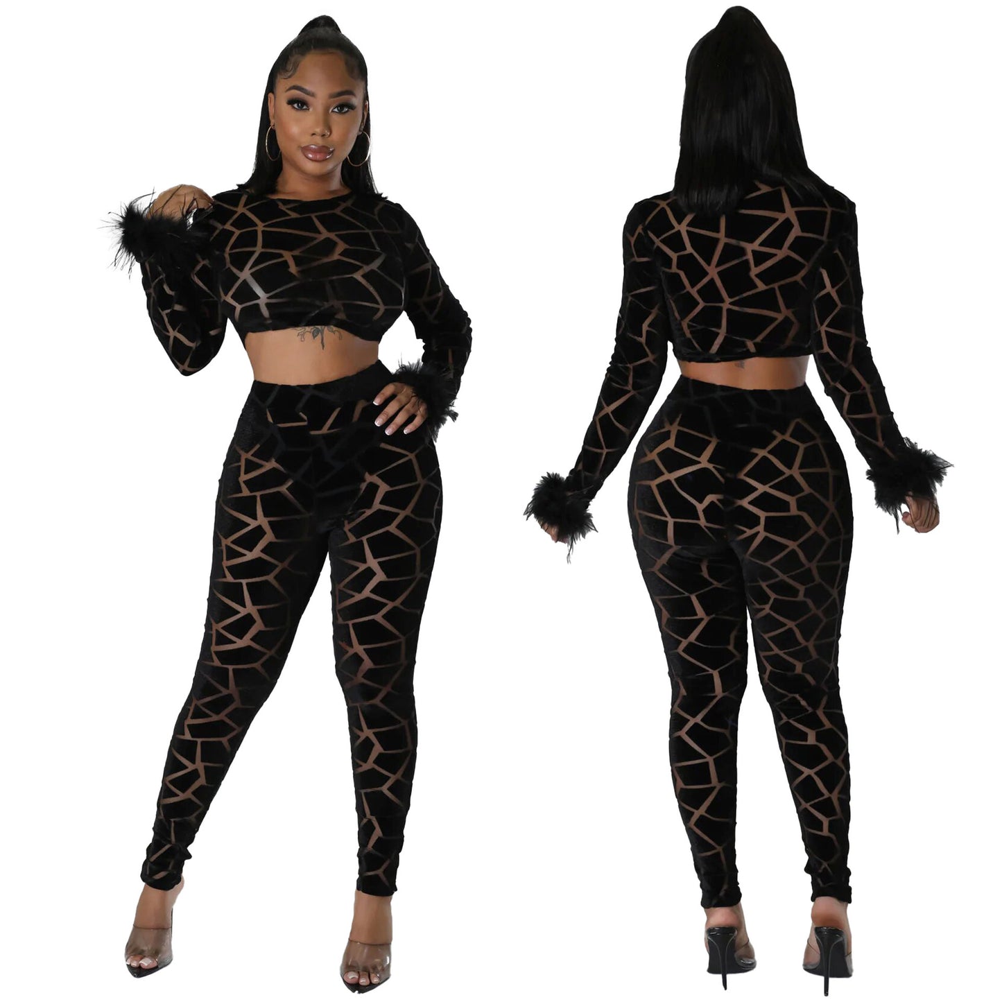 VIBEISH Women's Fur Sleeve Flocking Fashion Casual Set
